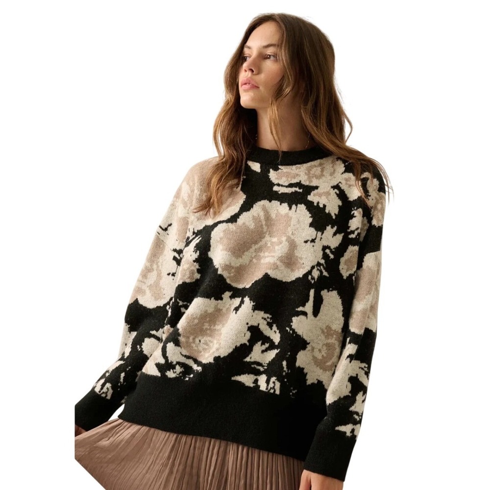 $72 Promesa Black Cream Floral Jacquard Knit Crewneck Sweater‎ Womens Small